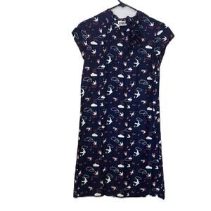 Circus ModCloth Navy Bird & Cloud Sky Print Neck Tie Dress Size 6